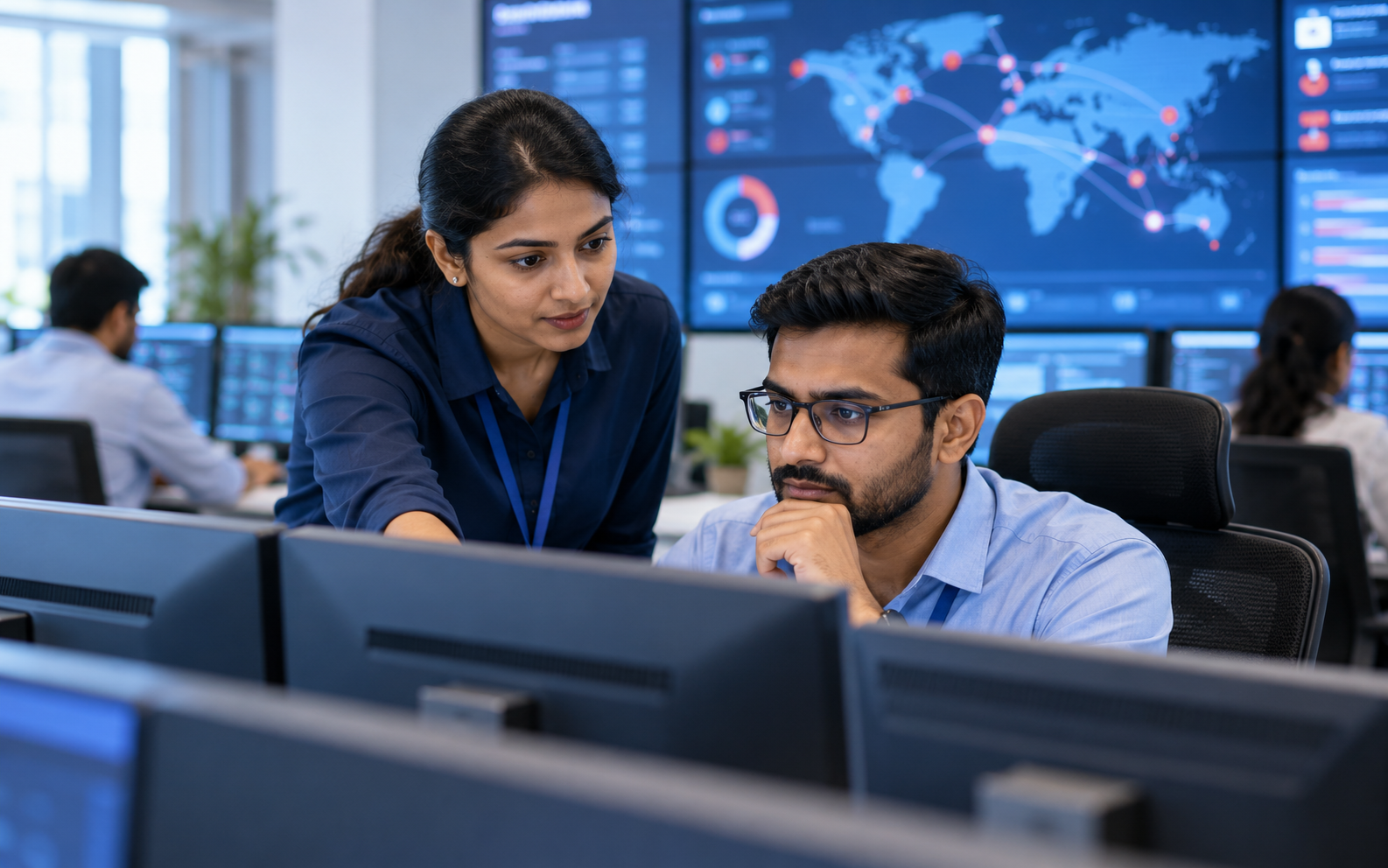 An IT team monitoring screens in a modern security operations room