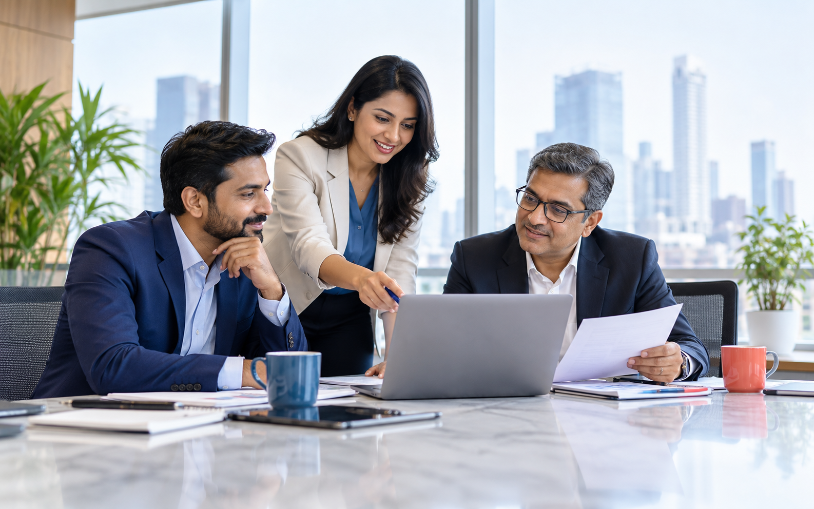 Company leaders discussing decisions around a boardroom table