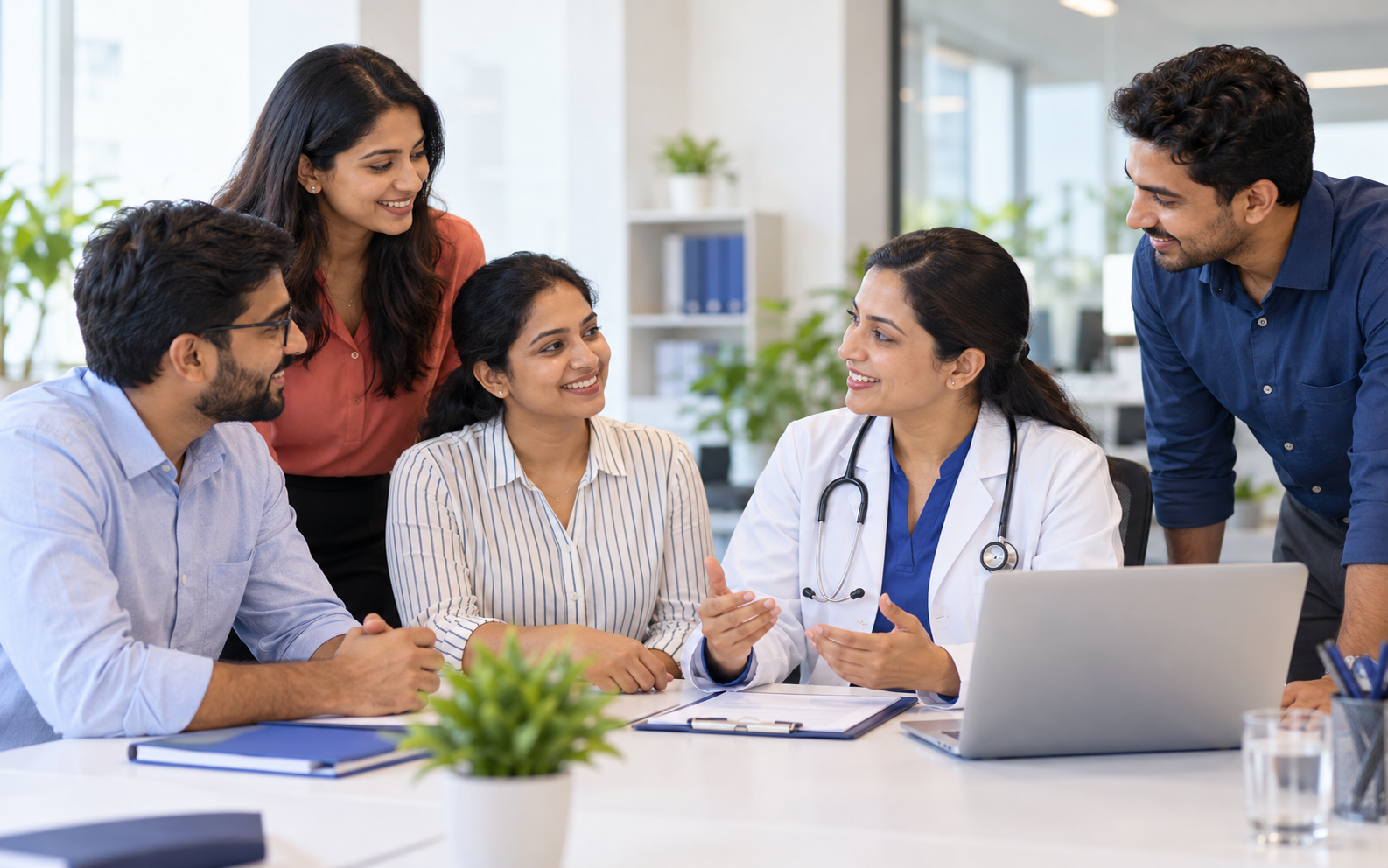 Office colleagues meeting a health professional at a workplace wellness consultation