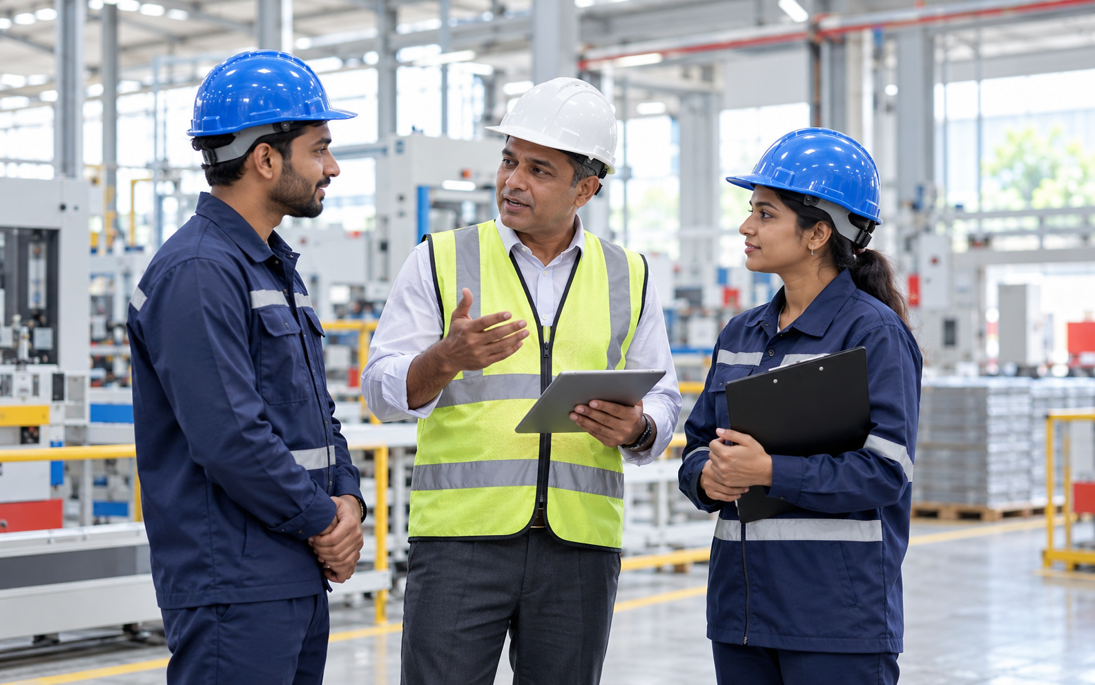 Employees wearing safety helmets at a tidy industrial workplace
