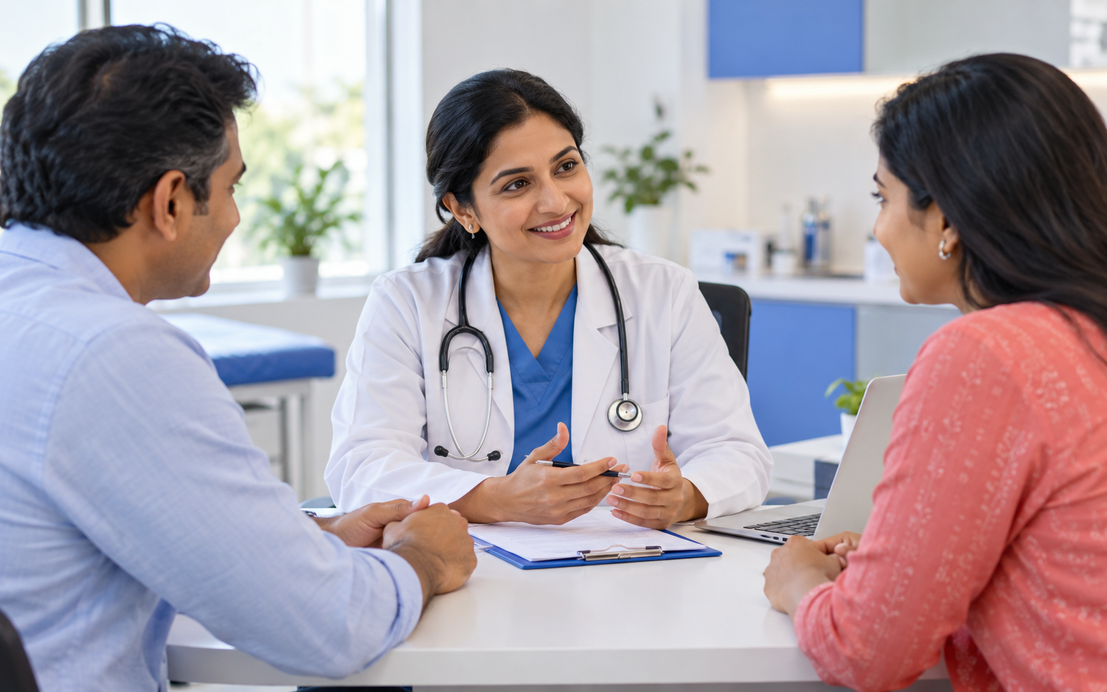 A doctor speaking with a family in a bright clinic