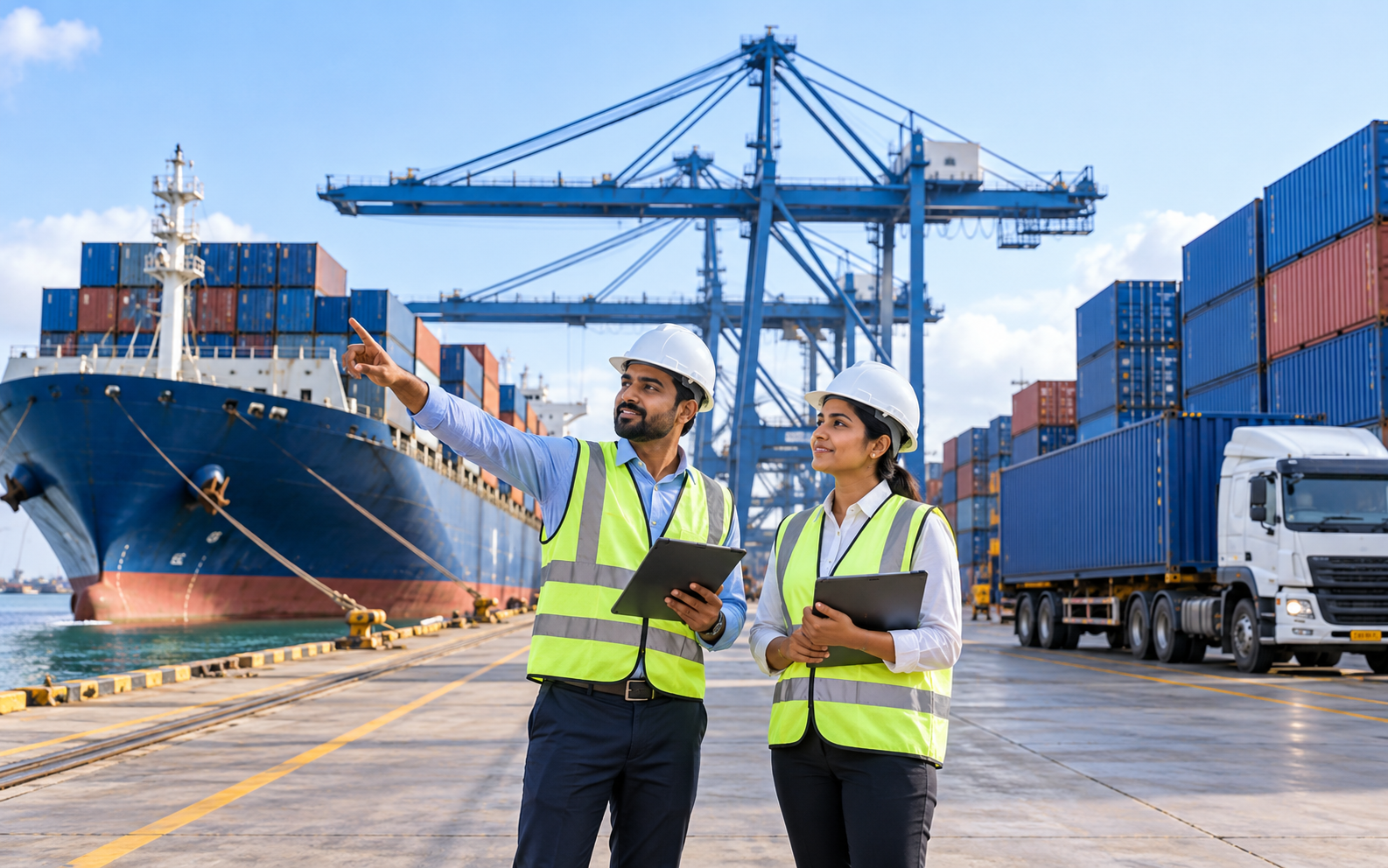 Cargo containers, a ship and a truck at a modern port