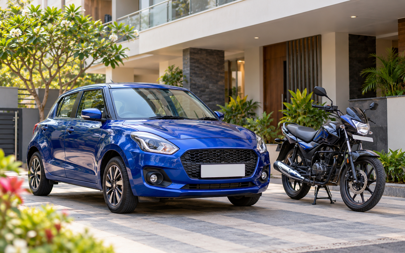 A car and a two-wheeler parked safely outdoors