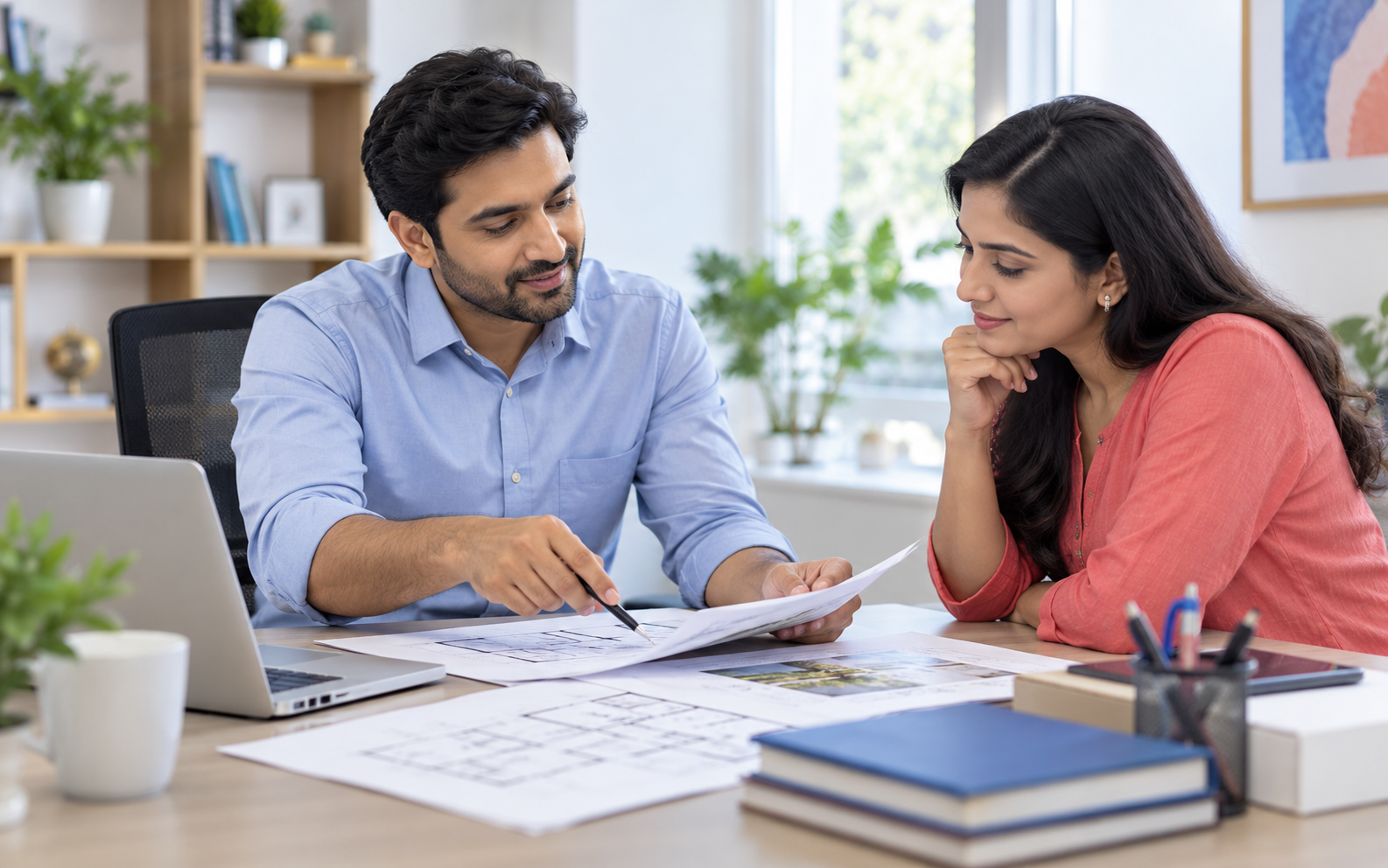 A professional consultant reviewing documents with a client